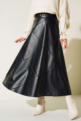 Baklava Desenli Kemerli Deri Etek Siyah - Uzun Etek