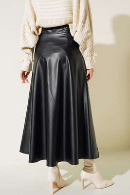 Baklava Desenli Kemerli Deri Etek Siyah - Uzun Etek