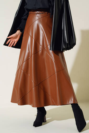 Baklava Desenli Kemerli Deri Etek Taba - Etek