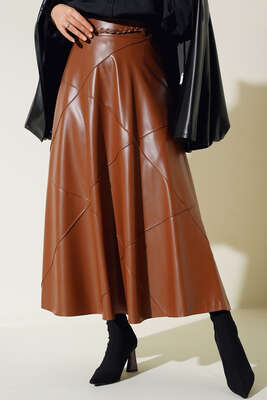 Baklava Desenli Kemerli Deri Etek Taba - Uzun Etek