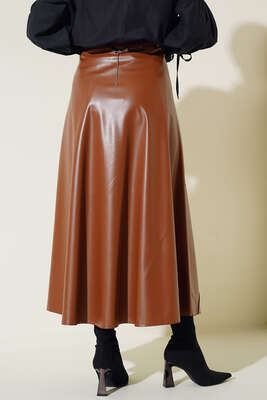 Baklava Desenli Kemerli Deri Etek Taba - Uzun Etek