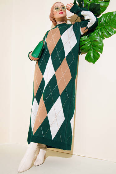 Baklava Desenli Triko Elbise Zümrüt - Tesettür Elbise