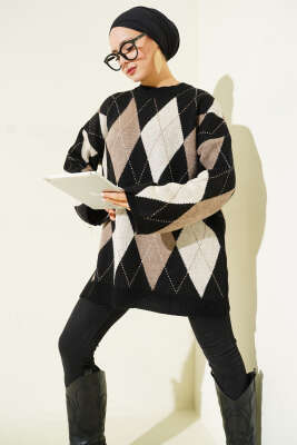 Baklava Desenli Triko Tunik Siyah - Tunik