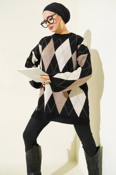 Baklava Desenli Triko Tunik Siyah - Tunik