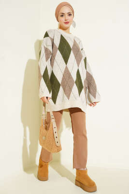 Baklava Desenli Triko Tunik Bej - Tunik