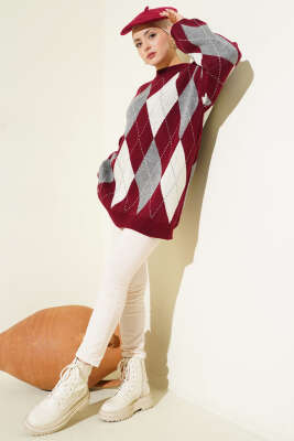 Baklava Desenli Triko Tunik Bordo - Tunik