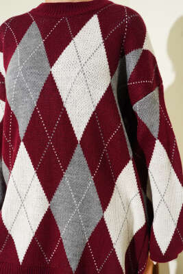 Baklava Desenli Triko Tunik Bordo - Tunik