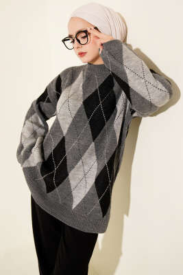 Baklava Desenli Triko Tunik Füme 