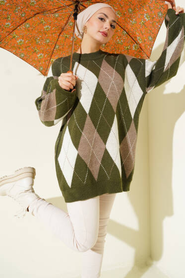 Baklava Desenli Triko Tunik Haki - Tunik