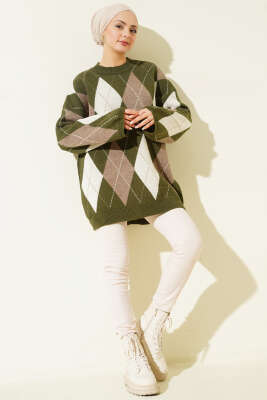 Baklava Desenli Triko Tunik Haki - Tunik