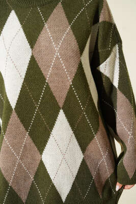 Baklava Desenli Triko Tunik Haki - Tunik