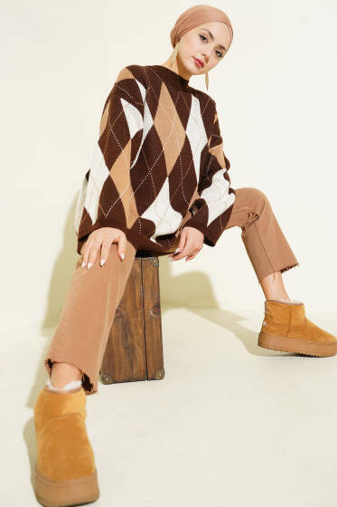 Baklava Desenli Triko Tunik Kahve - Tunik