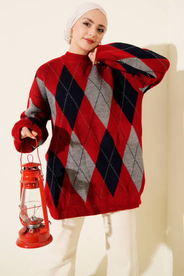 Baklava Desenli Triko Tunik Kırmızı - Tunik