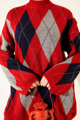 Baklava Desenli Triko Tunik Kırmızı - Tunik