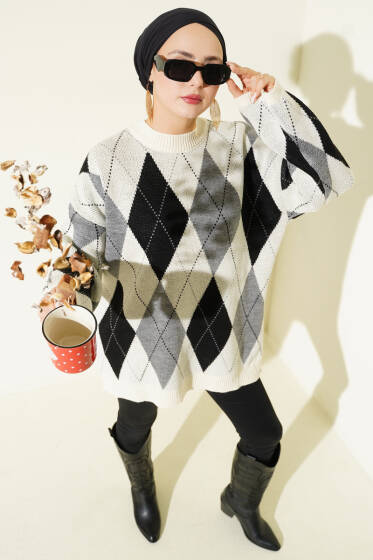 Baklava Desenli Triko Tunik Taş - Tunik