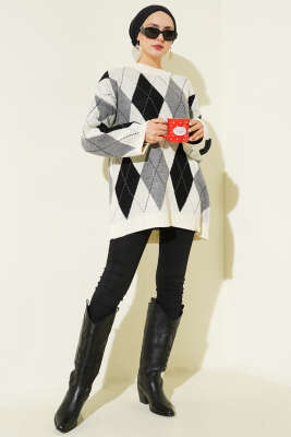 Baklava Desenli Triko Tunik Taş - Tunik