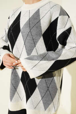 Baklava Desenli Triko Tunik Taş - Tunik