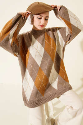 Baklava Desenli Triko Tunik Vizon 