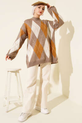 Baklava Desenli Triko Tunik Vizon - Tunik