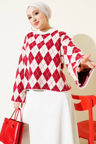 Baklava Desenli Yumoş Kazak Bej - Triko Kazak