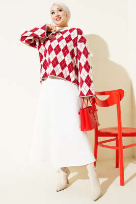 Baklava Desenli Yumoş Kazak Bej - Triko Kazak