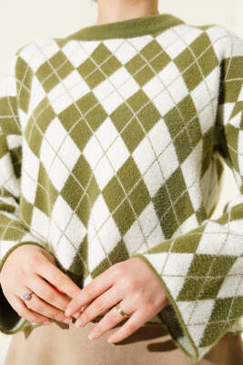 Baklava Desenli Yumoş Kazak Haki - Triko Kazak