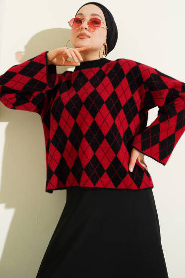 Baklava Desenli Yumoş Kazak Siyah - Triko Kazak