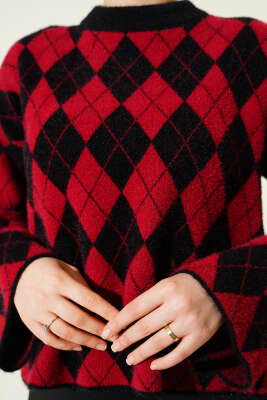 Baklava Desenli Yumoş Kazak Siyah - Triko Kazak