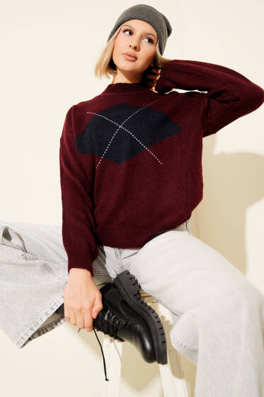 Baklava Detaylı Çizgili Triko Kazak Bordo - Kadın Giyim Modelleri