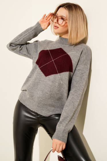 Baklava Detaylı Çizgili Triko Kazak Gri - Kadın Giyim Modelleri