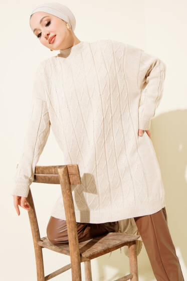 Baklava Kabartma Salaş Triko Tunik Bej - Tunik