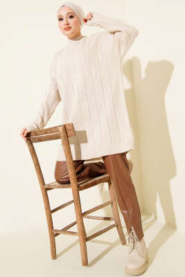 Baklava Kabartma Salaş Triko Tunik Bej - Tunik