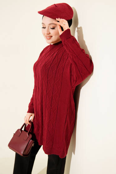 Baklava Kabartma Salaş Triko Tunik Bordo - Tunik