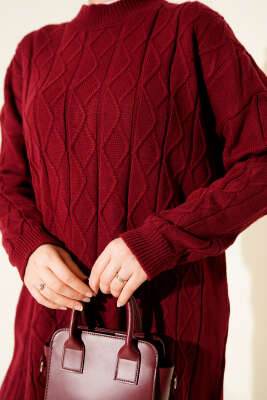 Baklava Kabartma Salaş Triko Tunik Bordo - Tunik