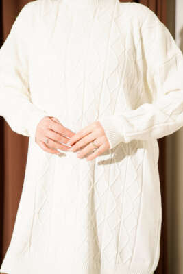 Baklava Kabartma Salaş Triko Tunik Ekru - Tunik