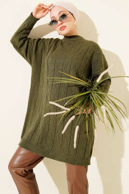 Baklava Kabartma Salaş Triko Tunik Haki - RAFİMİX