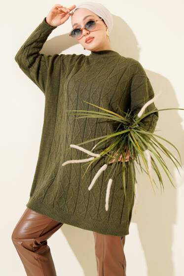 Baklava Kabartma Salaş Triko Tunik Haki - Tunik