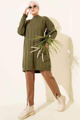 Baklava Kabartma Salaş Triko Tunik Haki - Tunik