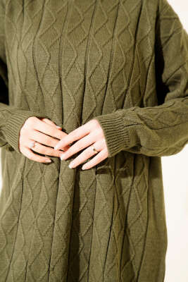 Baklava Kabartma Salaş Triko Tunik Haki - Tunik