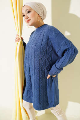 Baklava Kabartma Salaş Triko Tunik İndigo - Tunik