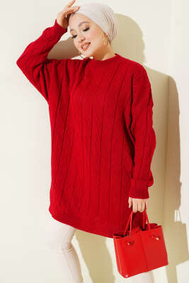 Baklava Kabartma Salaş Triko Tunik Kırmızı - RAFİMİX