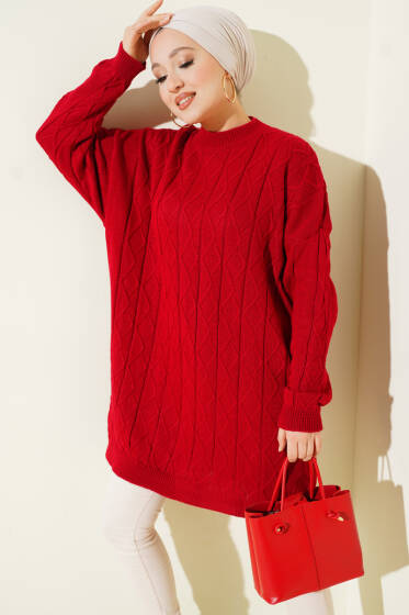 Baklava Kabartma Salaş Triko Tunik Kırmızı - Günün Seçilenleri