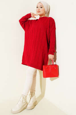 Baklava Kabartma Salaş Triko Tunik Kırmızı - Günün Seçilenleri