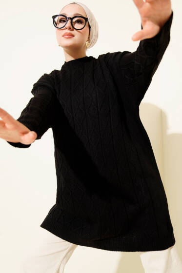Baklava Kabartma Salaş Triko Tunik Siyah - Tunik