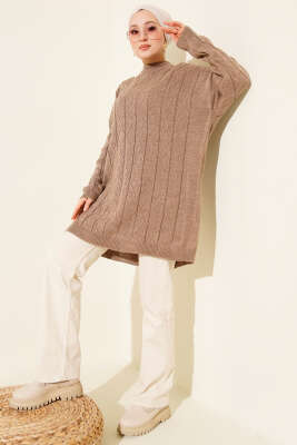 Baklava Kabartma Salaş Triko Tunik Vizon - Tunik