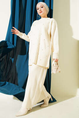 Baklava Kabartma Taşlı Triko İkili Takım Bej 