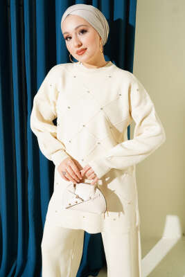 Baklava Kabartma Taşlı Triko İkili Takım Bej - İkili Takım