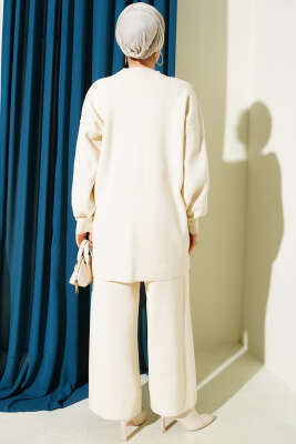 Baklava Kabartma Taşlı Triko İkili Takım Bej - İkili Takım