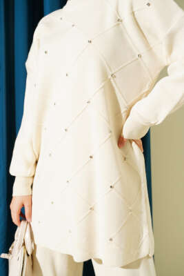 Baklava Kabartma Taşlı Triko İkili Takım Bej - İkili Takım