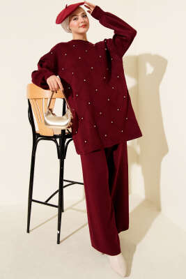 Baklava Kabartma Taşlı Triko İkili Takım Bordo - NESSİA